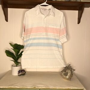 Tropical Palm Men's Stripes Short Sleeves Collared Cotton Polo Shirt White Large